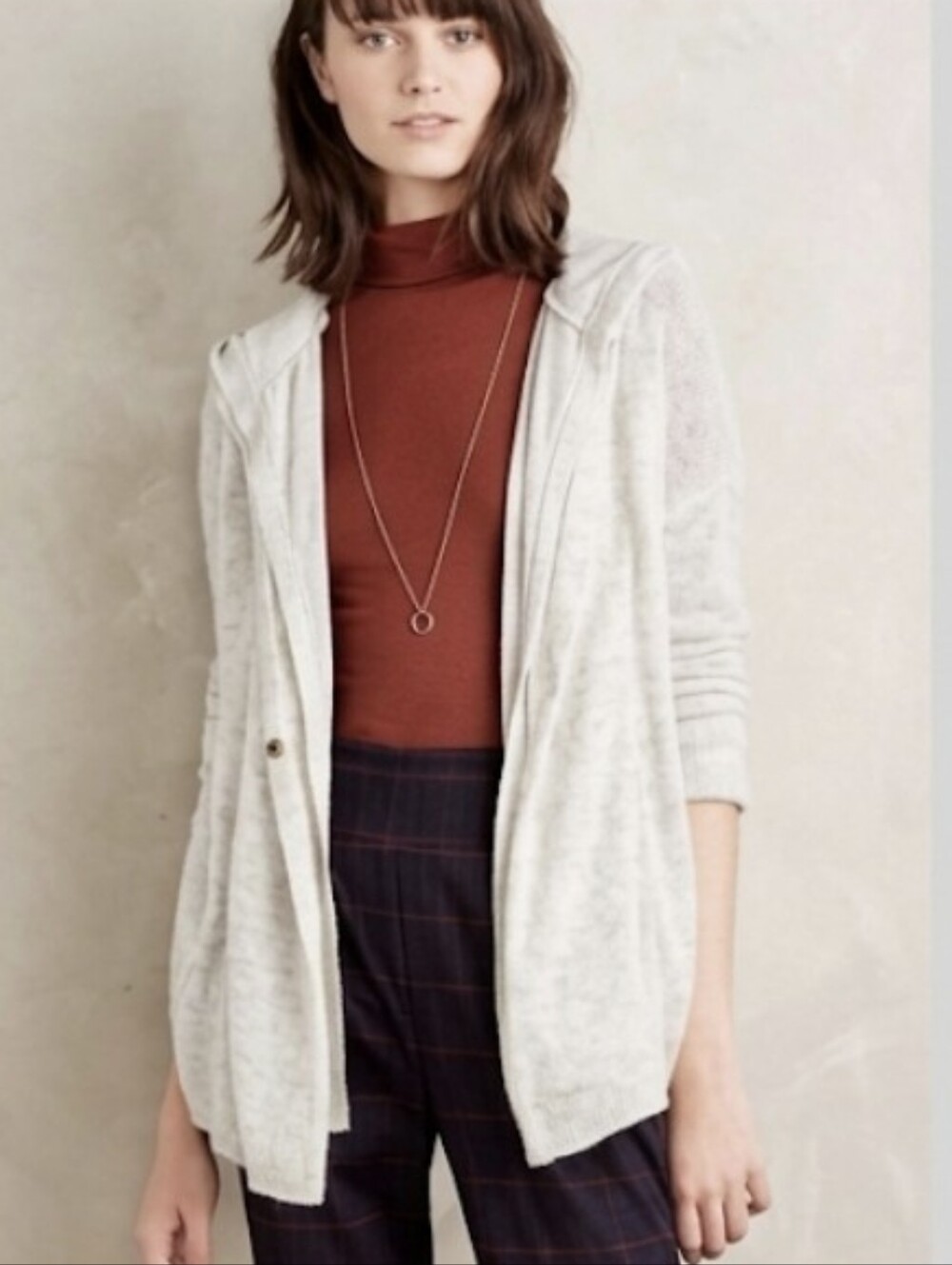 MOTH Anthropologie Alpaca Wool Hooded Cardigan Sweater Gray L Open Pointelle